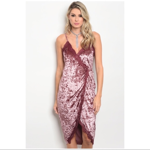 Dress Midi Crushed Velvet Lace Bohemian Wrap Pink Sizes S M - Picture 2 of 4